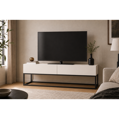 Rack Eros Branco 140cm 2 Gavetas Pé de Ferro Preto Estilo Industrial