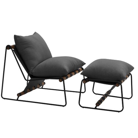 Kit Poltrona com Puff Turim Base Aço Preto Recouro Black Poliéster Cinza - Nexta Casa