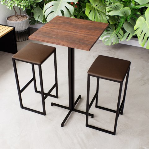 Conjunto Mesa Alta Bar Bistrô Quadrada Imbuia 2 Bancos Estofado Don Castro Decor