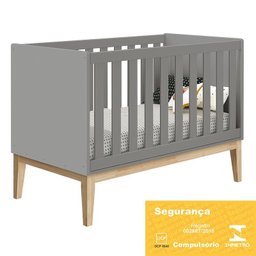 Dormitório Infantil Classic 2 Portas, Cômoda 6 Gavetas, Berço Cinza Fosco com Pés Madeira Natural e - 5