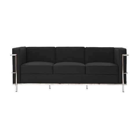 Sofá Le Corbusier 3 Lugares Couro Natural Linha Premium Design Clássico Sala Escritório - Preto
