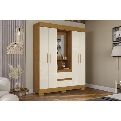 Guarda Roupa Solteiro 4 Portas e 2 Gavetas C/ 1 Espelho Isabely Cinamomo/off White - Acp