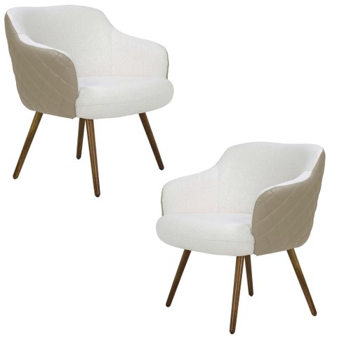 Kit 2 Poltronas Decorativas Kitana Pés Palito Couro/Linho Bege/Branco - Gran Belo