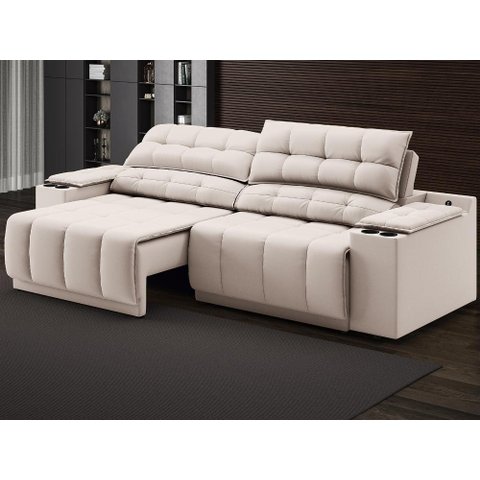Sofá com Porta Copos Carregador USB Ret Rec Samurai 2,30m Velosuede Areia - NETSOFAS