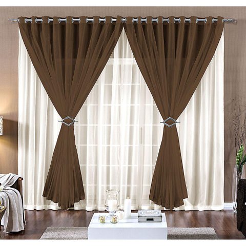 cortina sala voal liso marron com forro branco 3,00x2,20