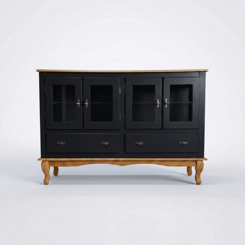 Balcão Buffet Aparador 4 Portas 2 Gavetas Prateleiras Vidro Clássico Ecomem Preto - Imbuia