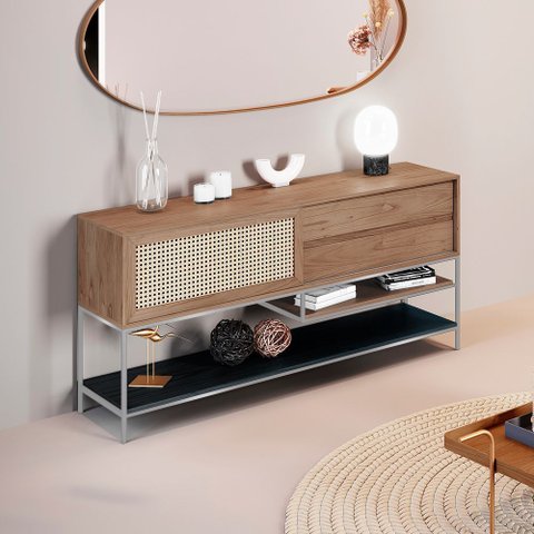 Buffet Aparador Sala de Jantar Agnes 2 Gavetas em Madeira Maciça Imbuia Mel Metal Champagne