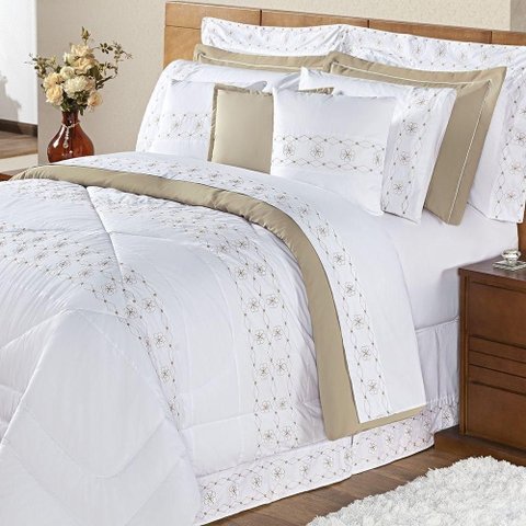 Edredom + Jogo de Cama 200 Fios Damasco Queen 15 Peças 100% Poliéster - Branco/bege