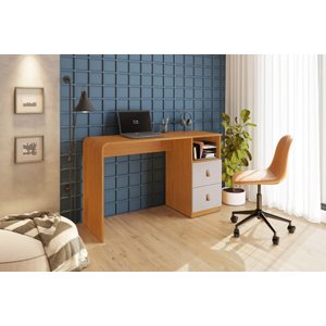 Mesa de Estudo Alice 2 Gavetas com Puxadores de Couro Acamento Arredondado:cinamomo / Off