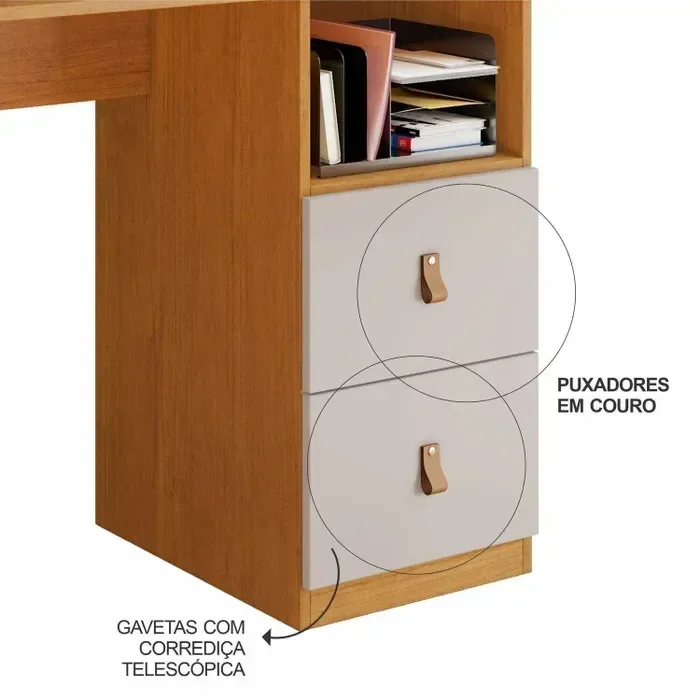 Ver imagem 4 de Mesa de Estudo Alice 2 Gavetas com Puxadores de Couro Acamento Arredondado:cinamomo / Off