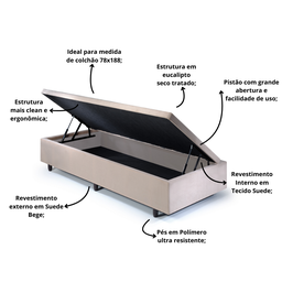 Cama Box Baú Solteirinho 78x188x42cm Suede com Pistão a Gás - 4