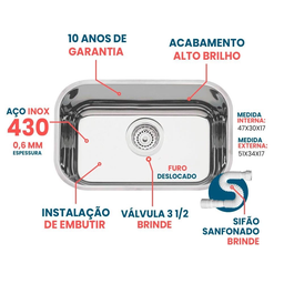 Cuba Pia Numero 1 Cozinha Inox Robust As Pesada 0,6 47x30x17 - 2