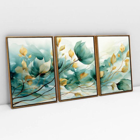 Kit Quadro Decorativo 3 Telas Canvas A Arte das Flores TaColado Moldura Flutuante 4,5cm Freijó 80 x 