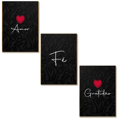 Kit 03 Placas Mdf Amor Fé Gratidão Decoração Tam 28,7x22 Ar5