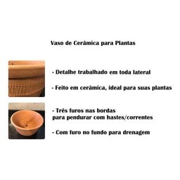 Vaso Cerâmica Artesanal Barro Grande Pendurar Planta 26x13cm Marrom-claro Cerâmico - 3
