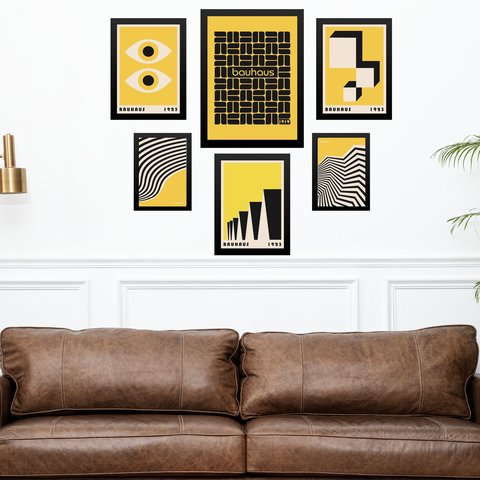 Kit Composição 6 Quadros Artes Bauhaus Preto e Amarelo:moldura Preta