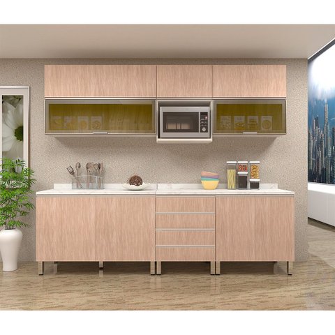 Armário de Cozinha Completa 8 Peças com Tampo Legno Crema com Cumaru Lis Luciane Móveis