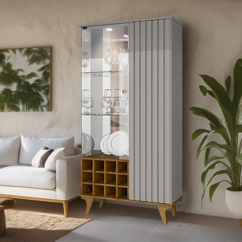 Cristaleira de Vidro 2 Portas Led Ripado Off White Naturalle Elba Bechara