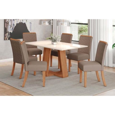 Mesa Cozinha Lins 160 + 6 Cad Malu Nature/Amêndoa Henn