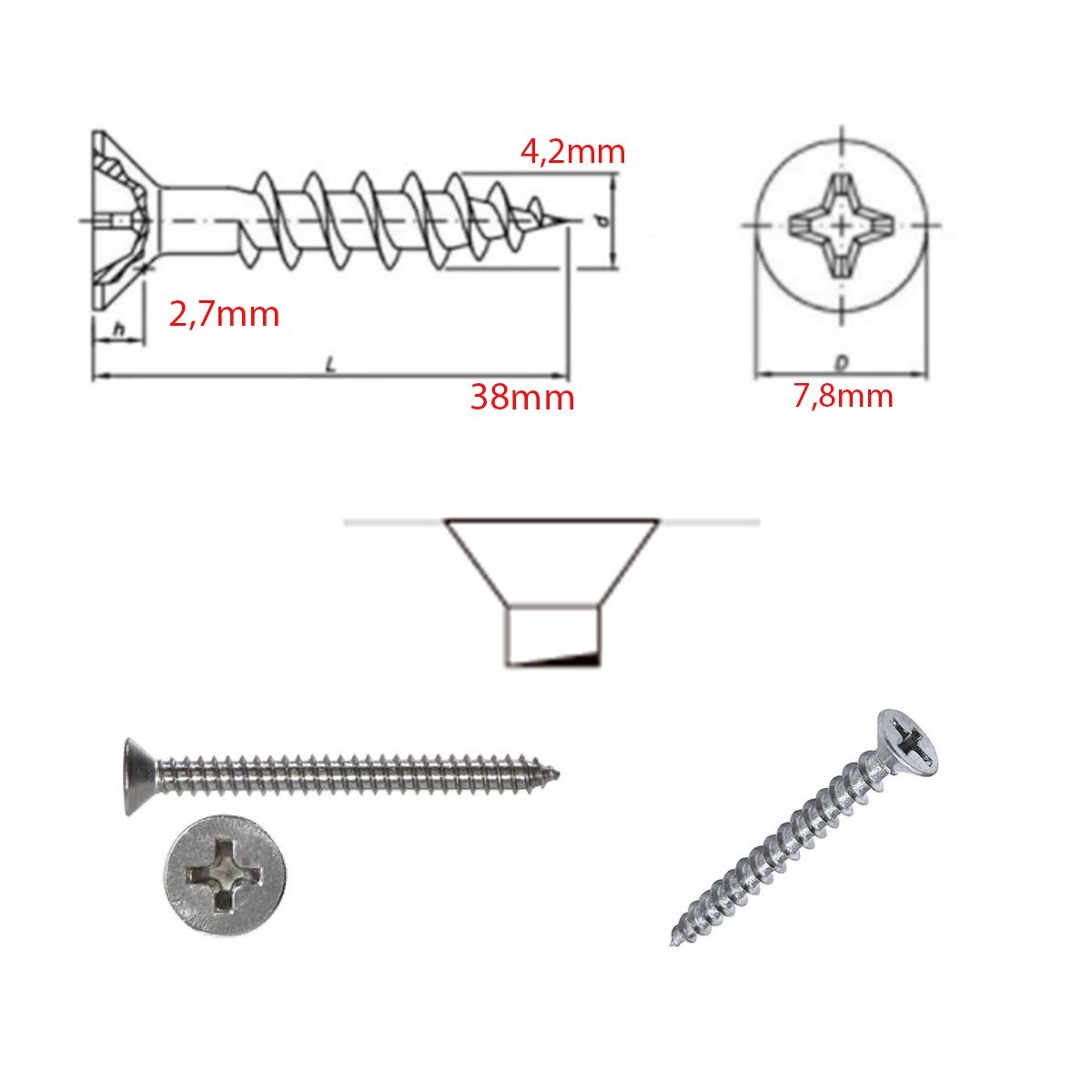 200 Parafuso Cabeça Chata Philips 4,2 X 38 Inox A2 - 1