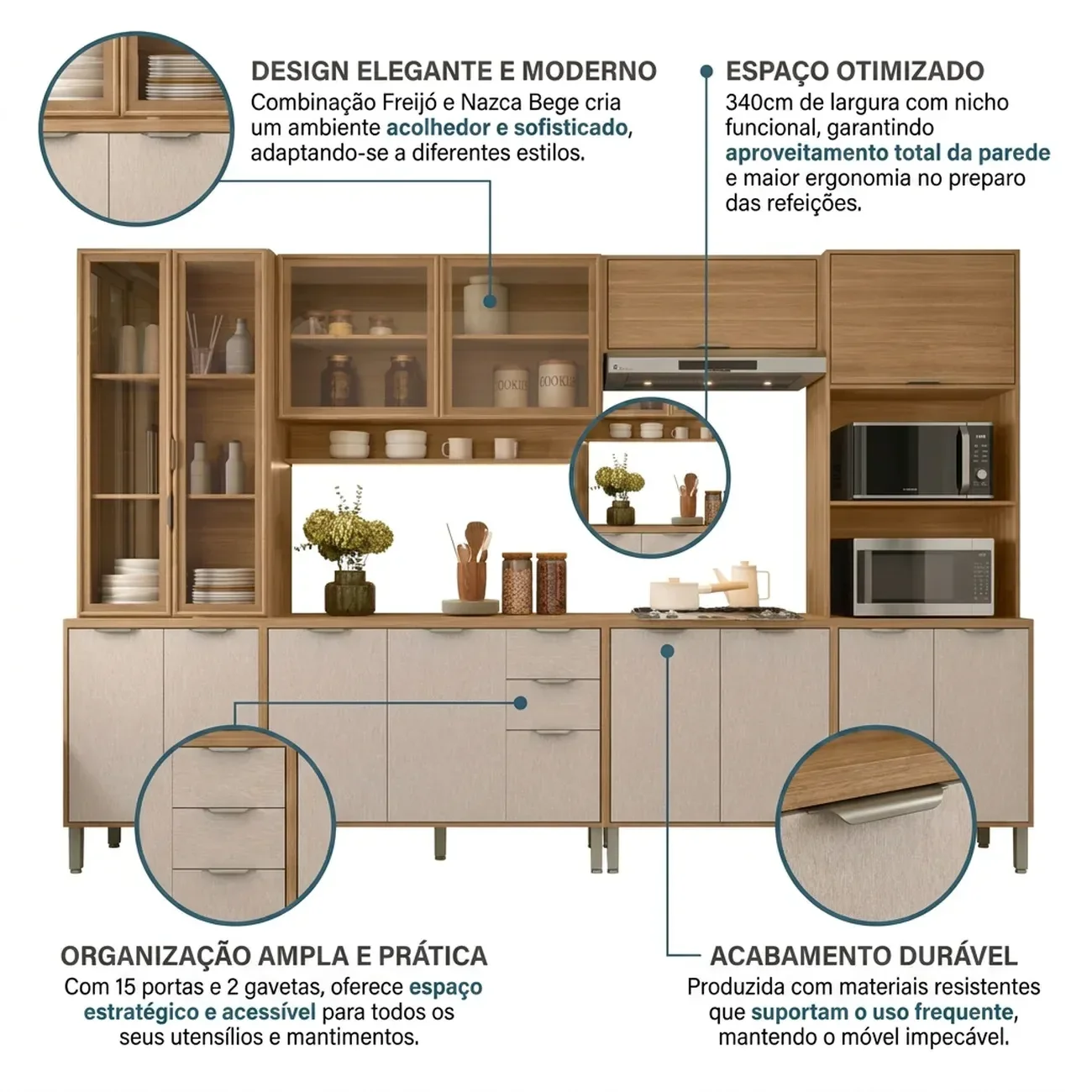 Ver imagem 5 de Cozinha Compacta Modulada 6 Peças 340cm 15 Portas e 2 Gavetas Colors Marrom Freijó/Nazca