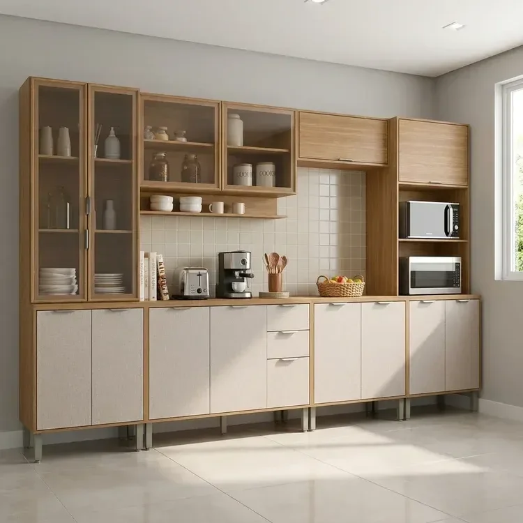 Cozinha Compacta Modulada 6 Peças 340cm 15 Portas e 2 Gavetas Colors Marrom Freijó/Nazca