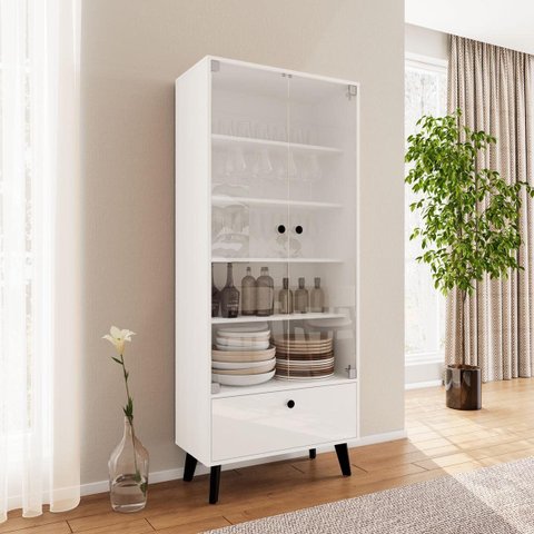 Cristaleira Londres 2 Portas de Vidro e Gaveta 75x178cm Branco 250294