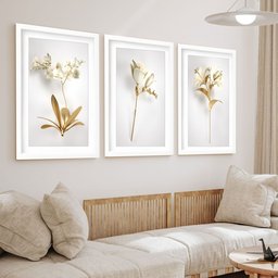 Kit 3 Quadros Grandes Flores Douradas 60x48cm:moldura Branca - 2 Kit 3 Quadros Grandes Flores Douradas 60x48cm:moldura Branca - 2