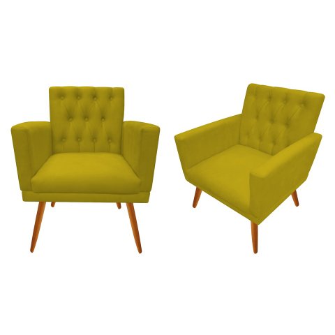 Kit 2 Poltronas Decorativa Nina Capitonê Couro Amarelo Pés Madeira Ms Decor