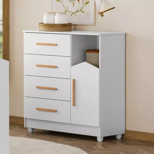 Cômoda Quarto Mdf Infantil Bebê 4 Gavetas 1 Porta Resistente:branco