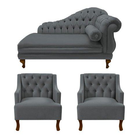 Divã Larissa 150 cm Esquerdo de Quem Senta e 2 Poltronas Genesis Suede Cinza