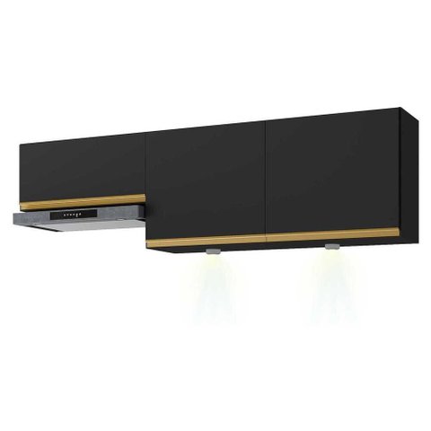Kit 2 Armários de Cozinha Aéreos 3 Portas com Leds Veneza Multimóveis Mp2146 Preto/dourado