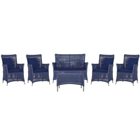 Jogo Sofá 4 Poltronas e Mesa Igapó Fendi E10 Trama Original Azul