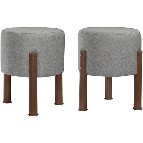 Kit 2 Puff Banquinho Redondo Decorativo Thor em Linho Pés Polietileno Cinza
