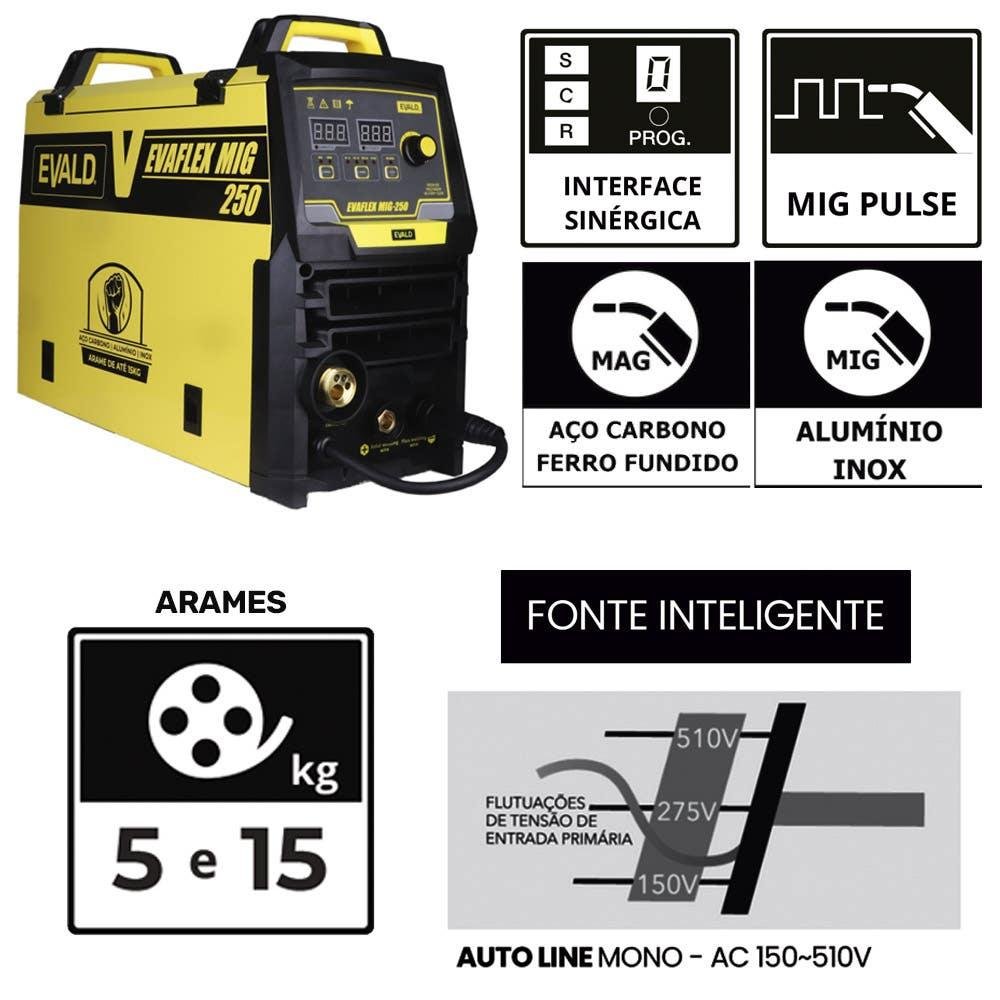 Máquina de Solda Multiprocesso Mig Pulse Alumínio Evaflex Mig-250 Evald-220v - 4