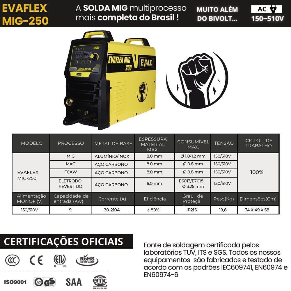 Máquina de Solda Multiprocesso Mig Pulse Alumínio Evaflex Mig-250 Evald-220v - 7