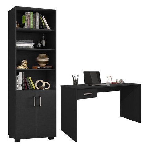 Mesa para Computador Gávea com Gaveta e Livreiro Office com Portas Pequenas Preto Trama - Móveis Leã