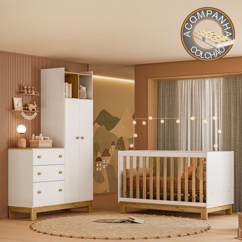 Quarto de Bebê com Berço Slim e Guarda Roupa com Cômoda Flora Branco Freijó Qmovi + Colchão Gazin