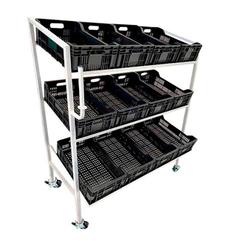 Expositor de Frutas 12 Caixas com Rodas e Suporte para Sacola