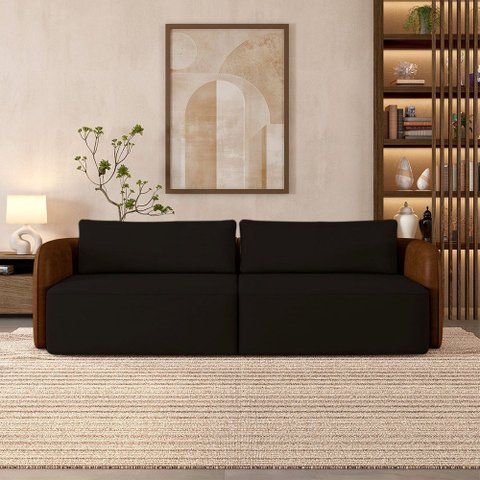 Sofá Living Sala de Estar Abel 240cm Bipartido Pés de Madeira Pu/veludo Marrom/preto G33 - Gran Belo
