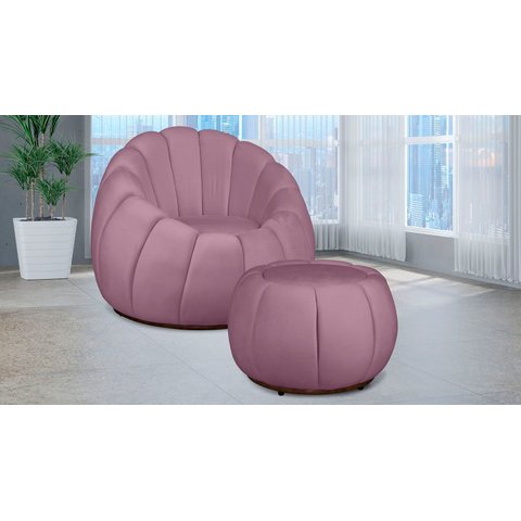 Kit Poltrona c/ Puff Concha Veludo Rose