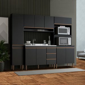 Cozinha Modulada Compacta Torre Quente Balcão Pia Sabrina 240x202 Cm 4 Peças Mdp Preto Menu