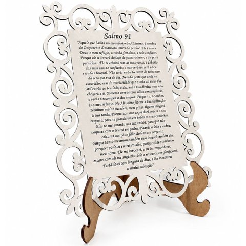 Quadro Decorativo MDF 20cm x 28cm para Sala de Estar Salmo 91 M01 Branco e Cru - Annie Decor