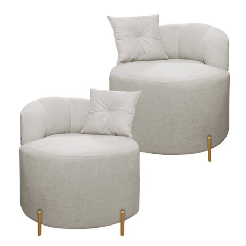 Conjunto 2 Poltronas Decorativas Grecia Linho Bouclê Bege com Pés de Metal Sofa Store