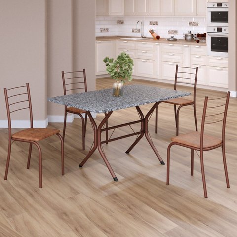 Conjunto Sala de Jantar Mesa Retangular 100x60cm Tampo Granito Ocre 4 Cadeiras Rio Marrom/C.