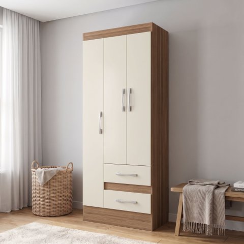 Guarda-Roupa Solteiro 3 Portas 2 Gavetas Castanho Off White Nobre