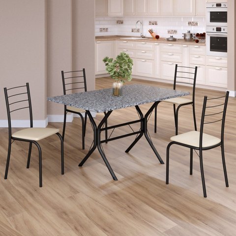 Conjunto Sala de Jantar Mesa Retangular 100x60cm Tampo Granito Ocre 4 Cadeiras Rio Preto/Creme/Fosco