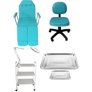 Kit Maca Podologia Luminária Exaustor Carrinho Mocho Brinde