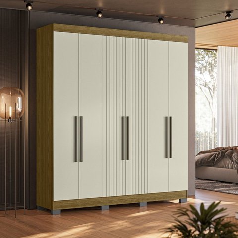 Guarda Roupa Dakota Casal 6 Portas Ripado Marrom/Freijo/Off White