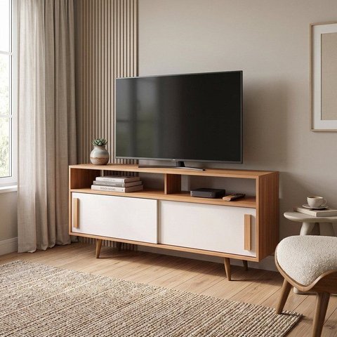 Rack para TV até 65 Polegadas 150cm 2 Portas de Correr Pé Palito Off White Freijó